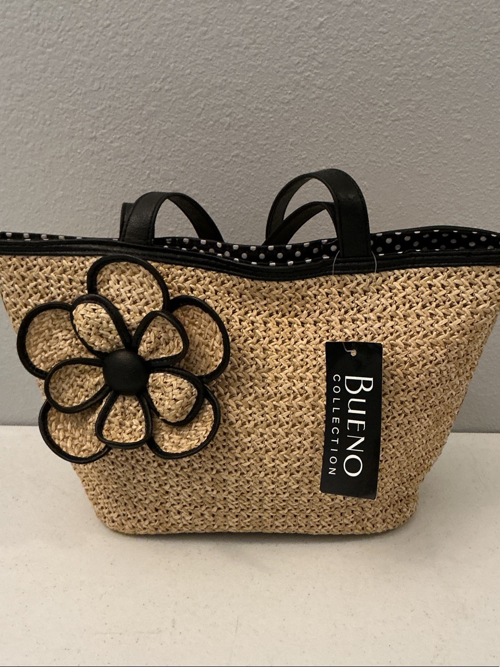 Bueno Straw Tote with Black Trim and Flower Accent
